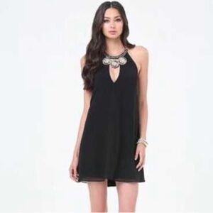 BEBE  Black halter mini  Dress with Statement Neckline